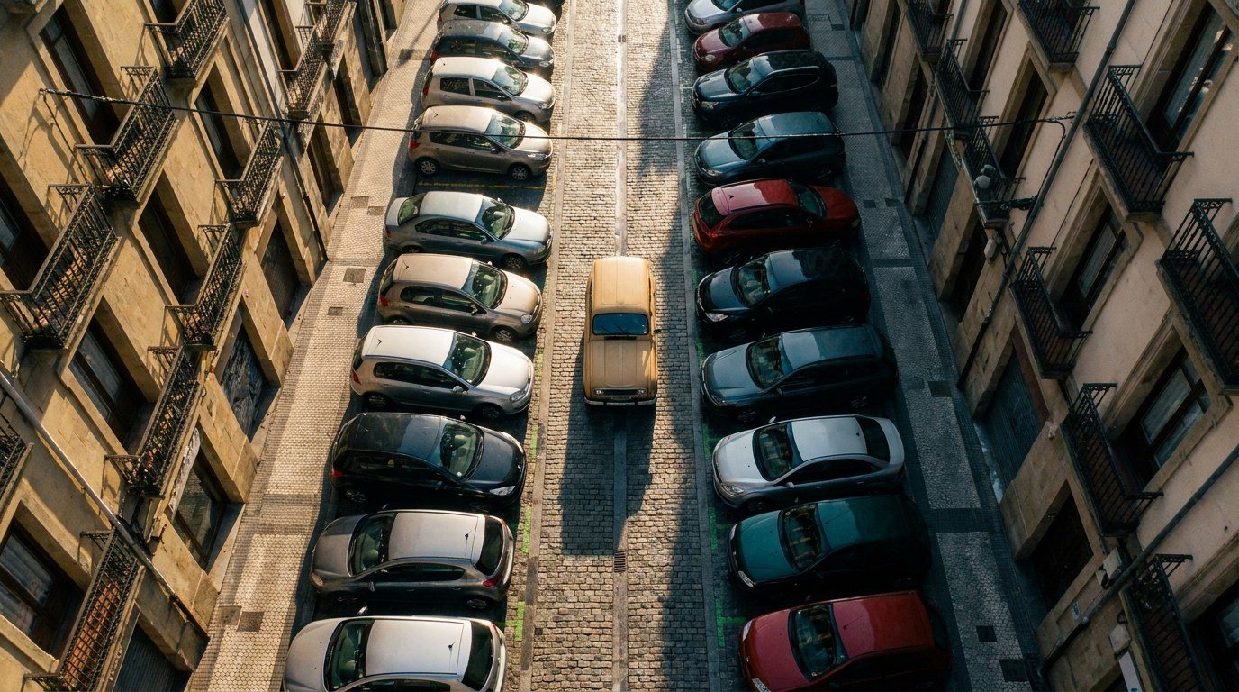 Una calle con todos los coches aparcados vista desde arriba